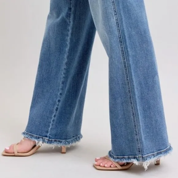Judy Blue High-Rise Pants Wide Leg Relaxed Fit Distressed Raw Hem Jeans Denim