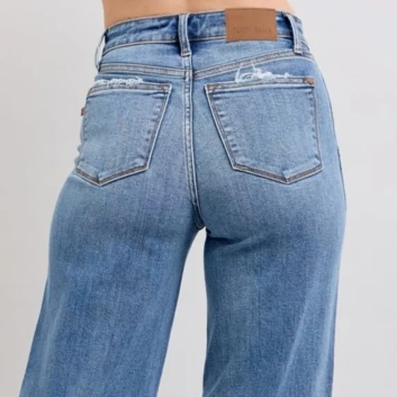 Judy Blue High-Rise Pants Wide Leg Relaxed Fit Distressed Raw Hem Jeans Denim
