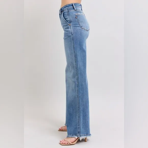 Judy Blue High-Rise Pants Wide Leg Relaxed Fit Distressed Raw Hem Jeans Denim