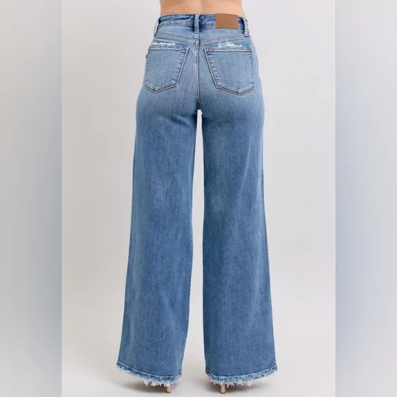 Judy Blue High-Rise Pants Wide Leg Relaxed Fit Distressed Raw Hem Jeans Denim