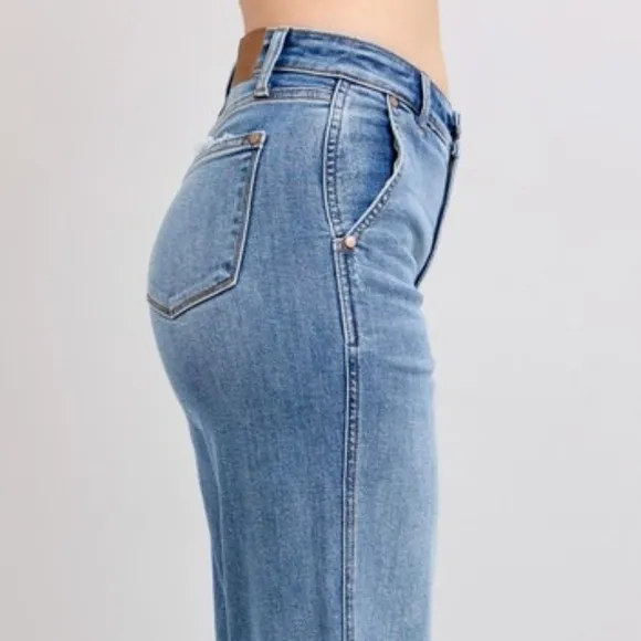 Judy Blue High-Rise Pants Wide Leg Relaxed Fit Distressed Raw Hem Jeans Denim