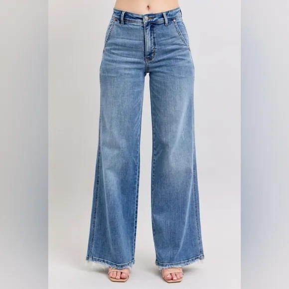 Judy Blue High-Rise Pants Wide Leg Relaxed Fit Distressed Raw Hem Jeans Denim