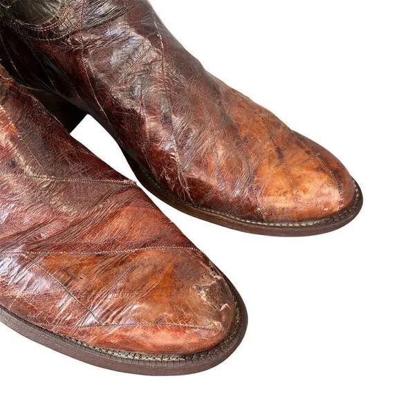 Justin Men's Brown eel Skin Western Cowboy Boots Size 10B Almond Toe