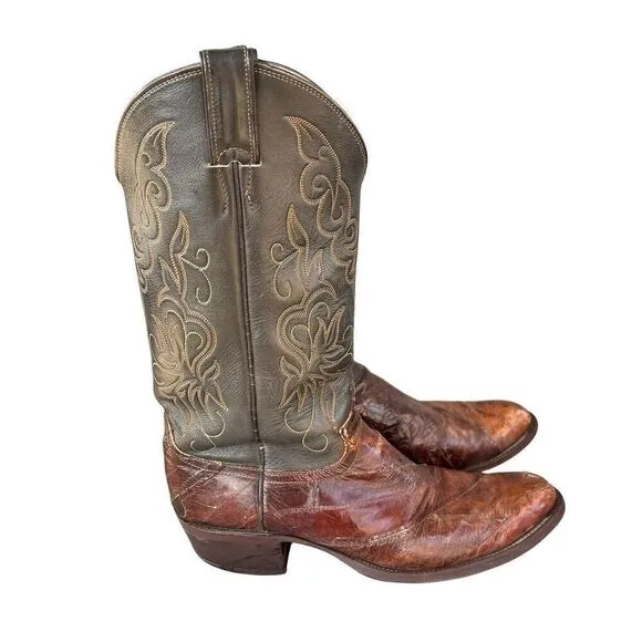 Justin Men's Brown eel Skin Western Cowboy Boots Size 10B Almond Toe