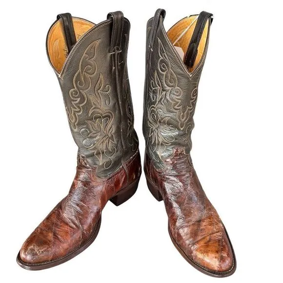 Justin Men's Brown eel Skin Western Cowboy Boots Size 10B Almond Toe