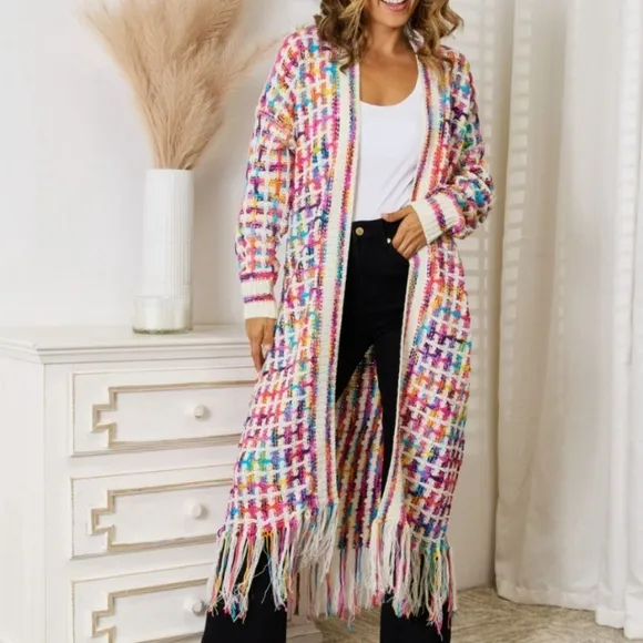 Kaleidoscope Fringe Long Cardigan - Red White Multi