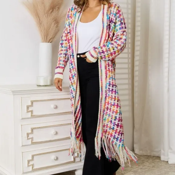 Kaleidoscope Fringe Long Cardigan - Red White Multi