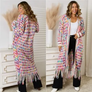 Kaleidoscope Fringe Long Cardigan - Red White Multi