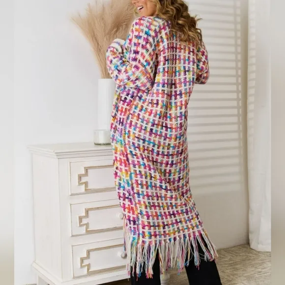 Kaleidoscope Fringe Long Cardigan - Red White Multi