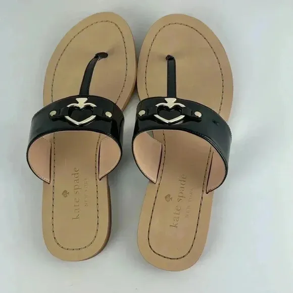 KATE SPADE  black patent throng sandals NWOT SZ 8 gorgeous classy flat pretty