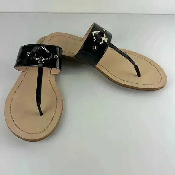KATE SPADE  black patent throng sandals NWOT SZ 8 gorgeous classy flat pretty