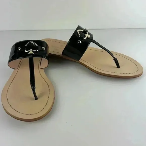 KATE SPADE  black patent throng sandals NWOT SZ 8 gorgeous classy flat pretty