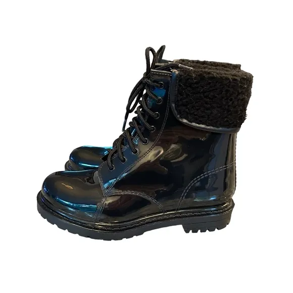 Kenneth Cole Reaction | Black Rain Lace Up Cozy Lug Sole Rain Boots Size 9