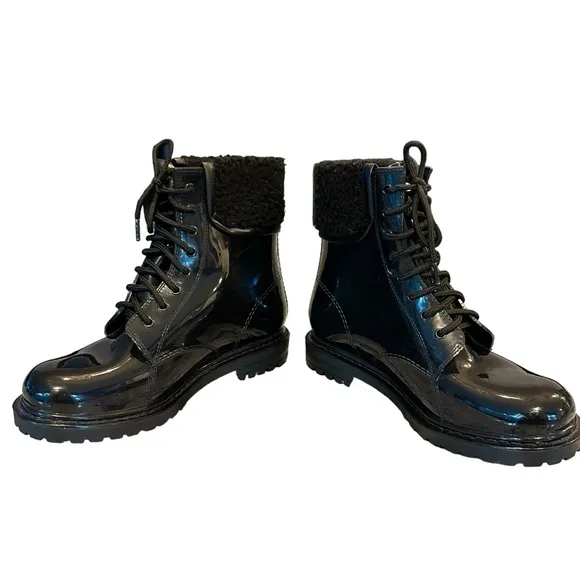 Kenneth Cole Reaction | Black Rain Lace Up Cozy Lug Sole Rain Boots Size 9