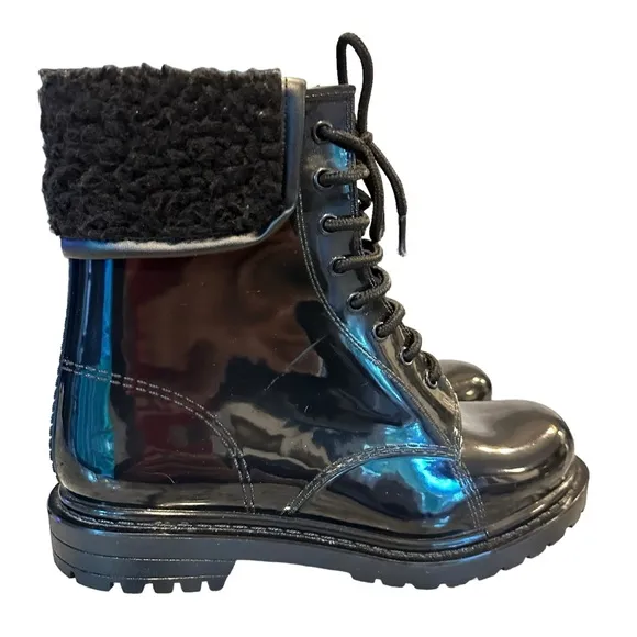 Kenneth Cole Reaction | Black Rain Lace Up Cozy Lug Sole Rain Boots Size 9