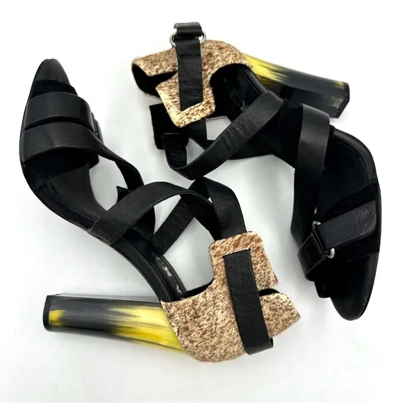 L.A.M.B. Heels Korry Calf Hair Leather Strappy Sandals Black Brown Size 6M NEW