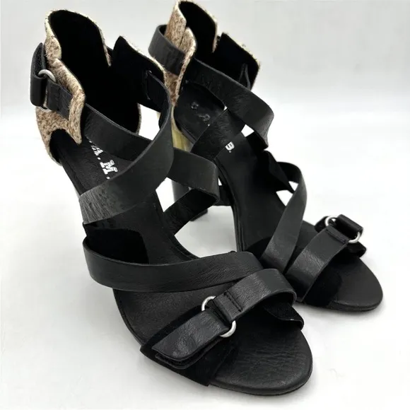 L.A.M.B. Heels Korry Calf Hair Leather Strappy Sandals Black Brown Size 6M NEW
