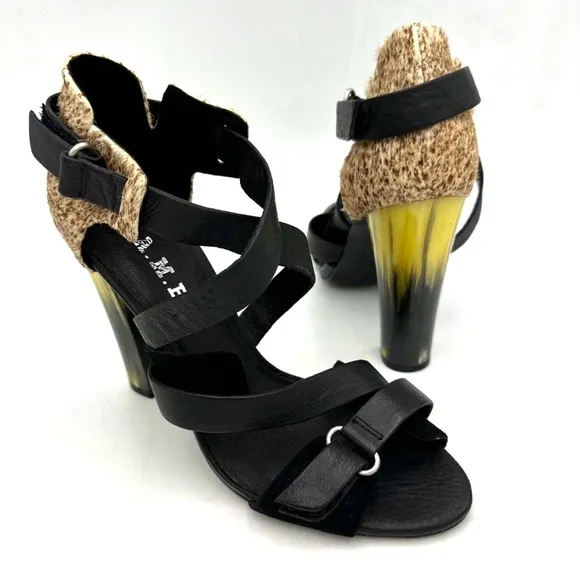 L.A.M.B. Heels Korry Calf Hair Leather Strappy Sandals Black Brown Size 6M NEW