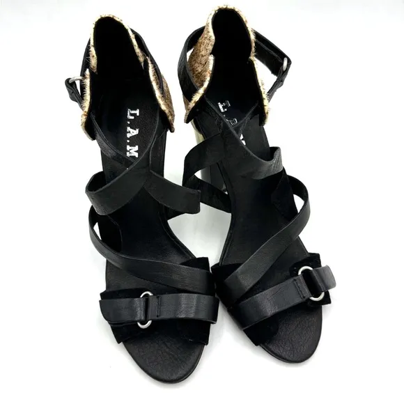 L.A.M.B. Heels Korry Calf Hair Leather Strappy Sandals Black Brown Size 6M NEW