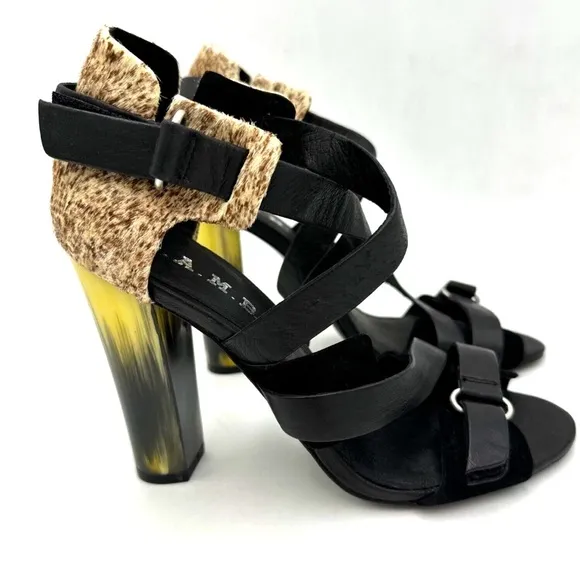 L.A.M.B. Heels Korry Calf Hair Leather Strappy Sandals Black Brown Size 6M NEW