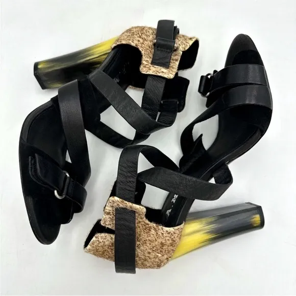 L.A.M.B. Heels Korry Calf Hair Leather Strappy Sandals Black Brown Size 6M NEW