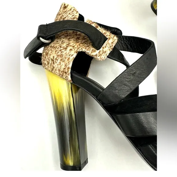 L.A.M.B. Heels Korry Calf Hair Leather Strappy Sandals Black Brown Size 6M NEW