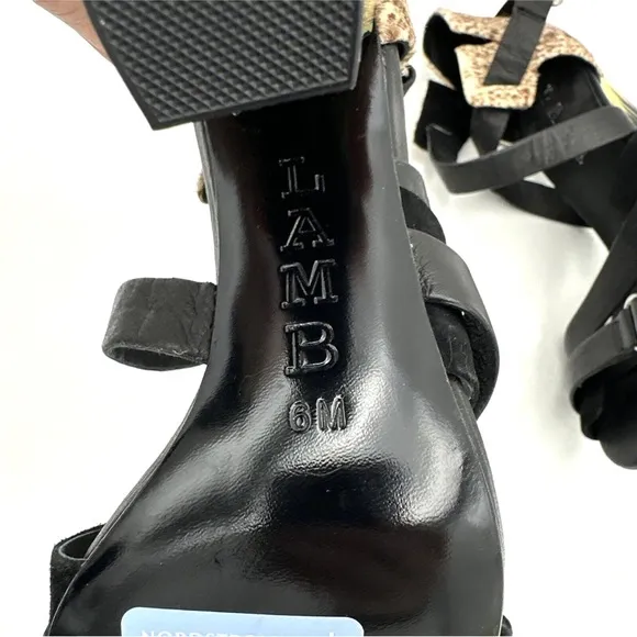 L.A.M.B. Heels Korry Calf Hair Leather Strappy Sandals Black Brown Size 6M NEW