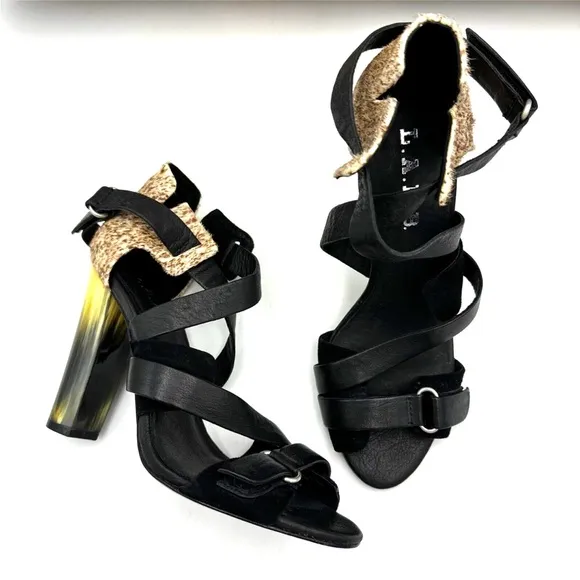 L.A.M.B. Heels Korry Calf Hair Leather Strappy Sandals Black Brown Size 6M NEW