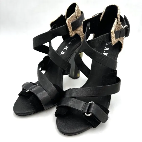 L.A.M.B. Heels Korry Calf Hair Leather Strappy Sandals Black Brown Size 6M NEW