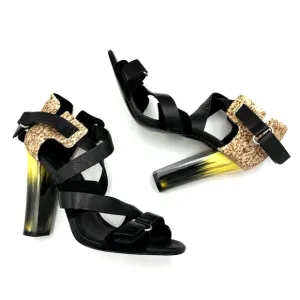 L.A.M.B. Heels Korry Calf Hair Leather Strappy Sandals Black Brown Size 6M NEW