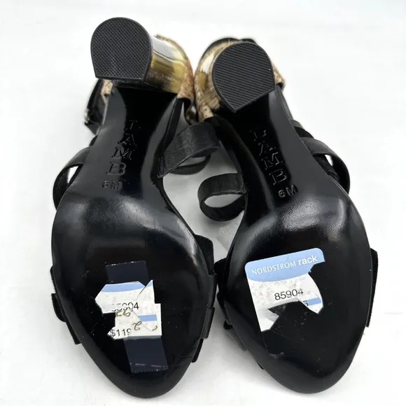 L.A.M.B. Heels Korry Calf Hair Leather Strappy Sandals Black Brown Size 6M NEW