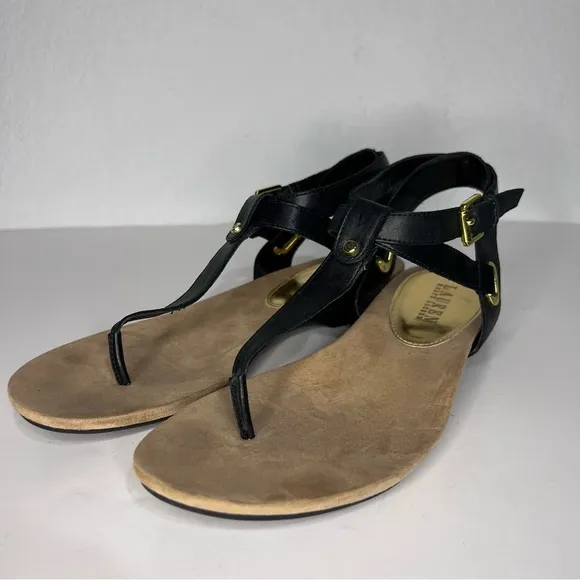 Lauren Ralph Lauren Kiana Black Leather Thong Wrap Ankle Sandals 9