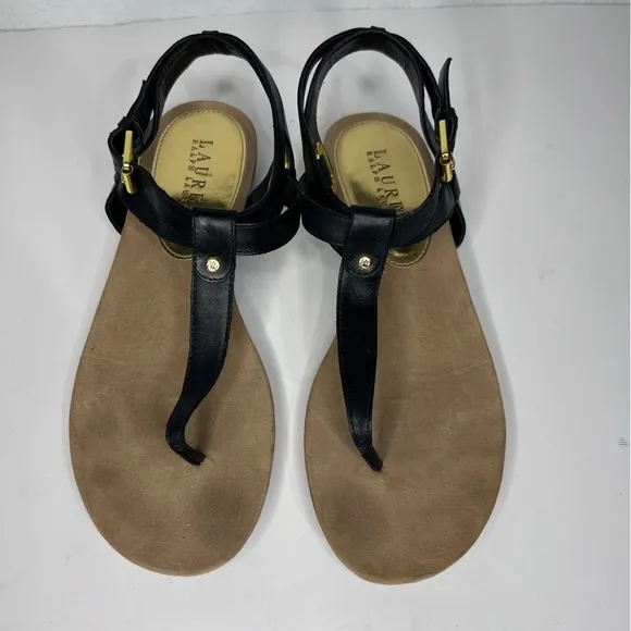 Lauren Ralph Lauren Kiana Black Leather Thong Wrap Ankle Sandals 9