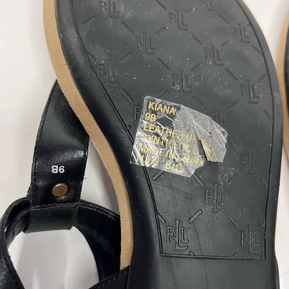 Lauren Ralph Lauren Kiana Black Leather Thong Wrap Ankle Sandals 9