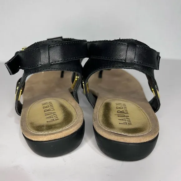 Lauren Ralph Lauren Kiana Black Leather Thong Wrap Ankle Sandals 9