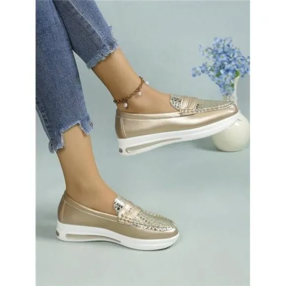 Lightweight, Slip-resistant, Wear-resistant Slip-on Flat Shoes w Metallic Detail