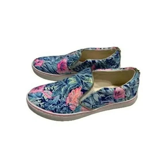 Lilly Pulitzer Julie Sneaker Blue Tropical Flower Slip on Shoe Beach Club Blooms