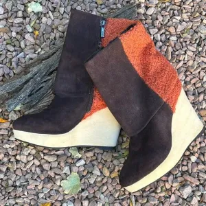 Linea Rosa Prada Suede Shearling Wool Platform Wedge Ankle Boots Size 7