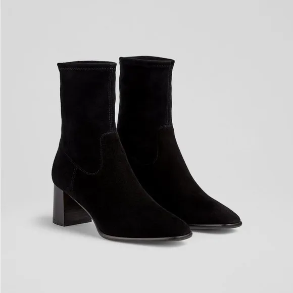 LK Bennett Harp Black Leather Block Heel Stretch Ankle Boot