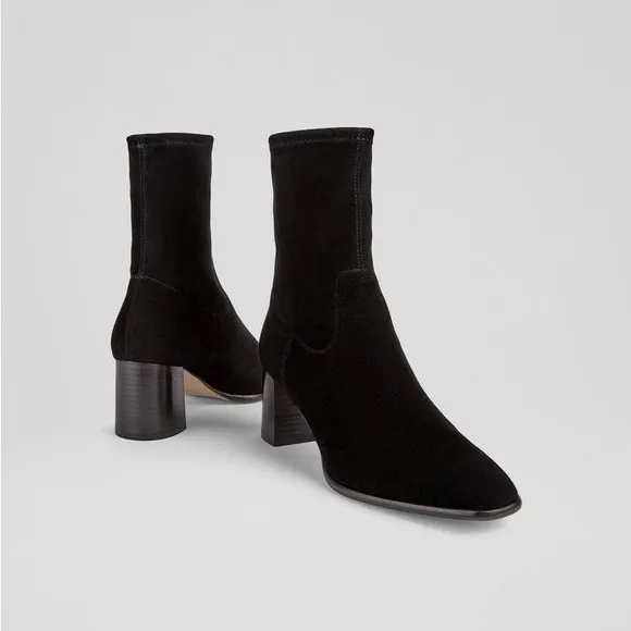 LK Bennett Harp Black Leather Block Heel Stretch Ankle Boot