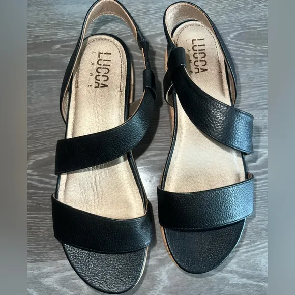 Lucca Lane Olympia Black Leather Cork Casual Platform Sandals Size 8M