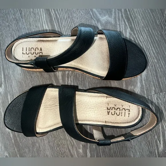 Lucca Lane Olympia Black Leather Cork Casual Platform Sandals Size 8M