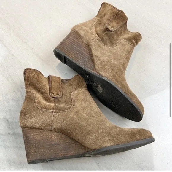 Lucky Brand Suede Wedge Brown Western Ankle Boot Booties 8.5