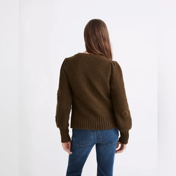 Madewell Embroidered Edencroft Pleat-Sleeve Cardigan Sweater  Size XL LNC
