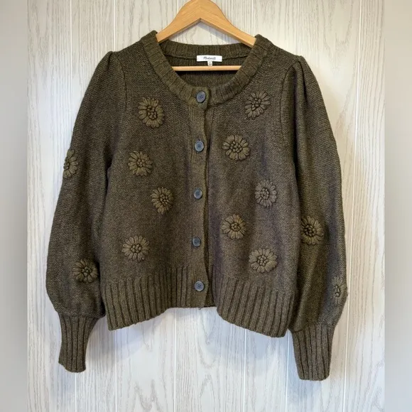 Madewell Embroidered Edencroft Pleat-Sleeve Cardigan Sweater  Size XL LNC