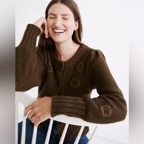 Madewell Embroidered Edencroft Pleat-Sleeve Cardigan Sweater  Size XL LNC