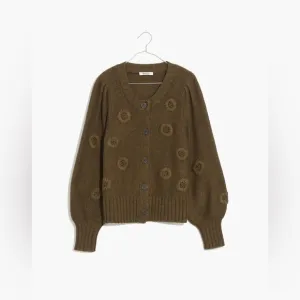 Madewell Embroidered Edencroft Pleat-Sleeve Cardigan Sweater  Size XL LNC
