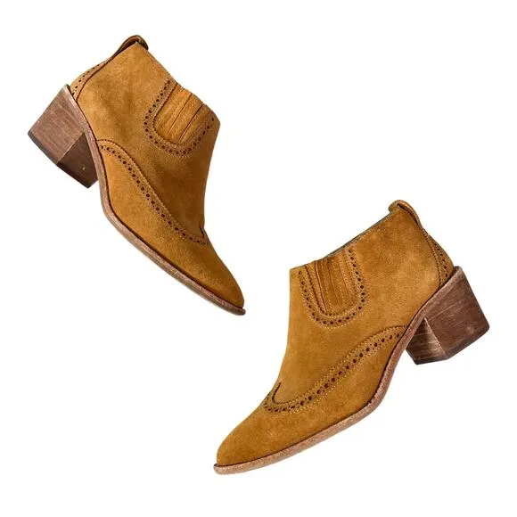 Madewell | Grayson Brogue Suede Warm Brown Block Heel Bootie Chelsea Boots 8 EUC