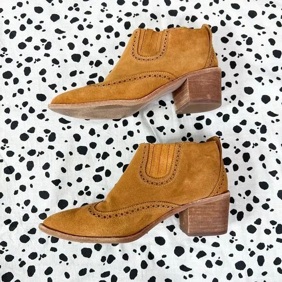 Madewell | Grayson Brogue Suede Warm Brown Block Heel Bootie Chelsea Boots 8 EUC