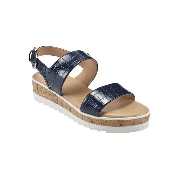 MARC FISHER Womens Blue Croco Print 1&quot; Platform Gordy Almond Wedge Sandals 8.5 M
